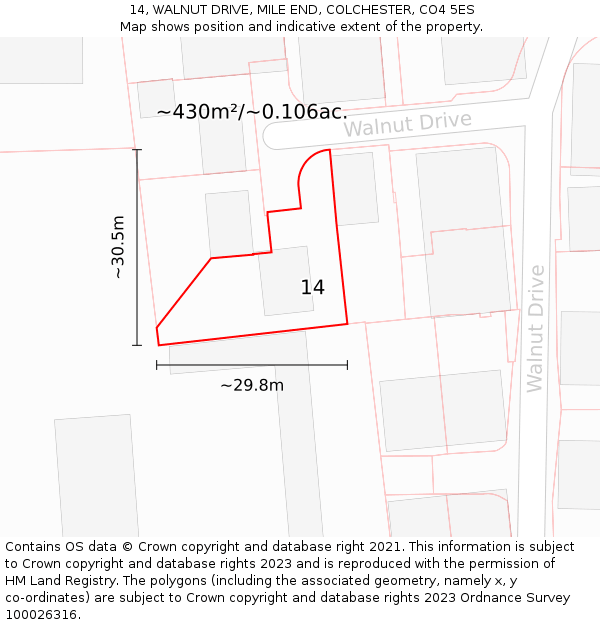 14, WALNUT DRIVE, MILE END, COLCHESTER, CO4 5ES: Plot and title map