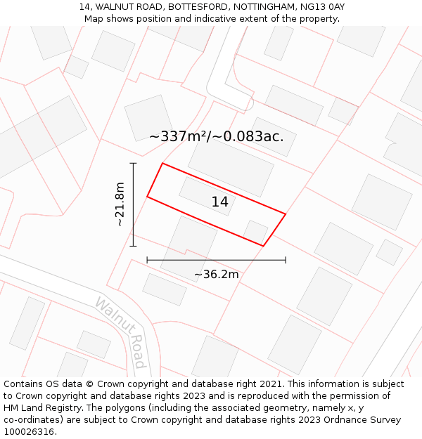 14, WALNUT ROAD, BOTTESFORD, NOTTINGHAM, NG13 0AY: Plot and title map