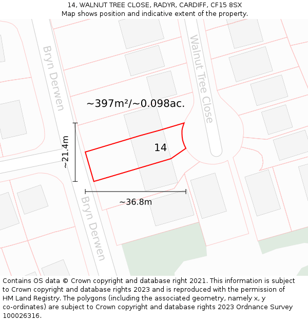 14, WALNUT TREE CLOSE, RADYR, CARDIFF, CF15 8SX: Plot and title map