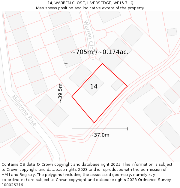 14, WARREN CLOSE, LIVERSEDGE, WF15 7HQ: Plot and title map