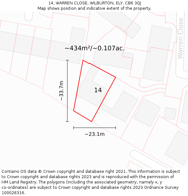 14, WARREN CLOSE, WILBURTON, ELY, CB6 3QJ: Plot and title map
