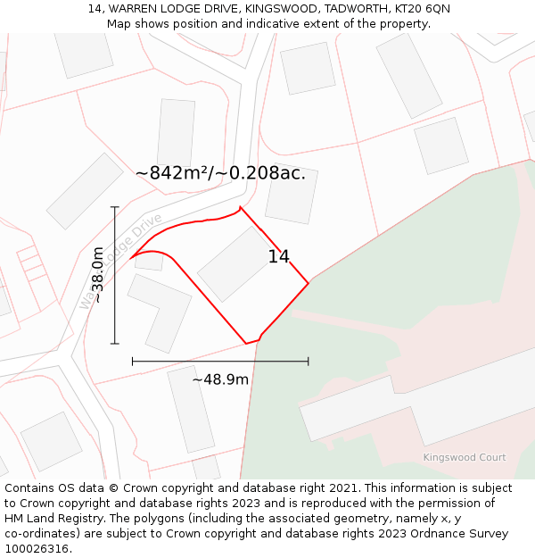 14, WARREN LODGE DRIVE, KINGSWOOD, TADWORTH, KT20 6QN: Plot and title map