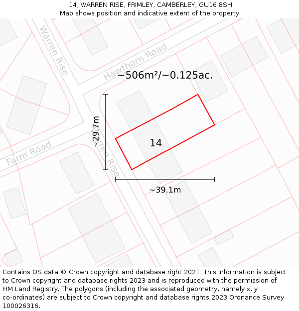 14, WARREN RISE, FRIMLEY, CAMBERLEY, GU16 8SH: Plot and title map