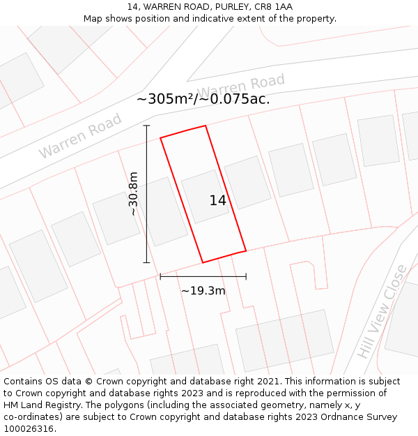 14, WARREN ROAD, PURLEY, CR8 1AA: Plot and title map