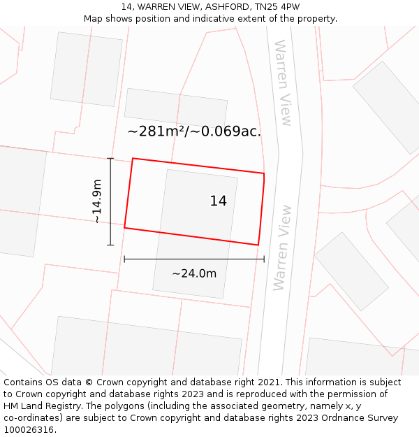 14, WARREN VIEW, ASHFORD, TN25 4PW: Plot and title map