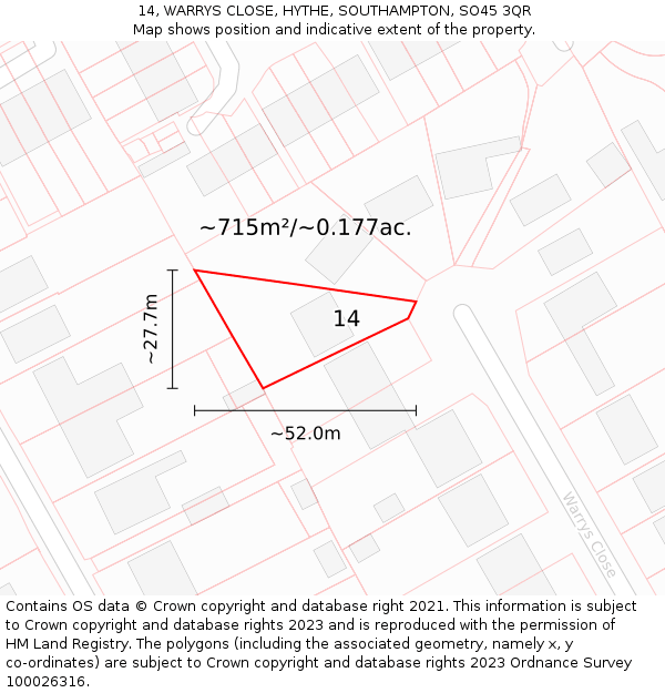 14, WARRYS CLOSE, HYTHE, SOUTHAMPTON, SO45 3QR: Plot and title map