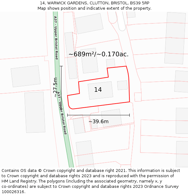 14, WARWICK GARDENS, CLUTTON, BRISTOL, BS39 5RP: Plot and title map