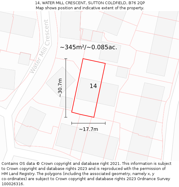 14, WATER MILL CRESCENT, SUTTON COLDFIELD, B76 2QP: Plot and title map