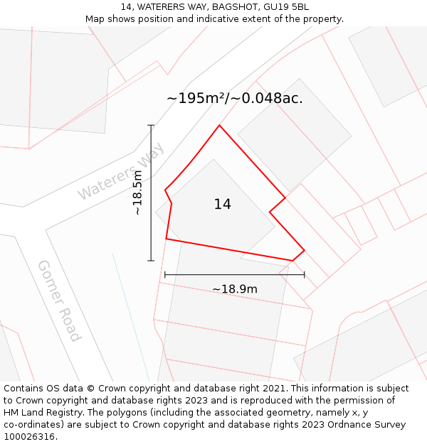 14, WATERERS WAY, BAGSHOT, GU19 5BL: Plot and title map