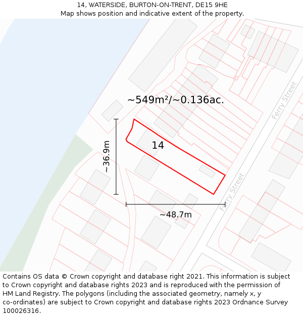 14, WATERSIDE, BURTON-ON-TRENT, DE15 9HE: Plot and title map