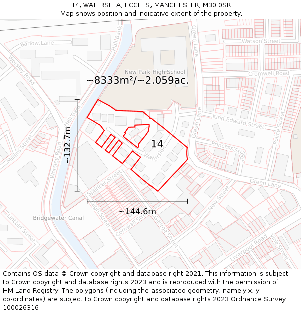 14, WATERSLEA, ECCLES, MANCHESTER, M30 0SR: Plot and title map