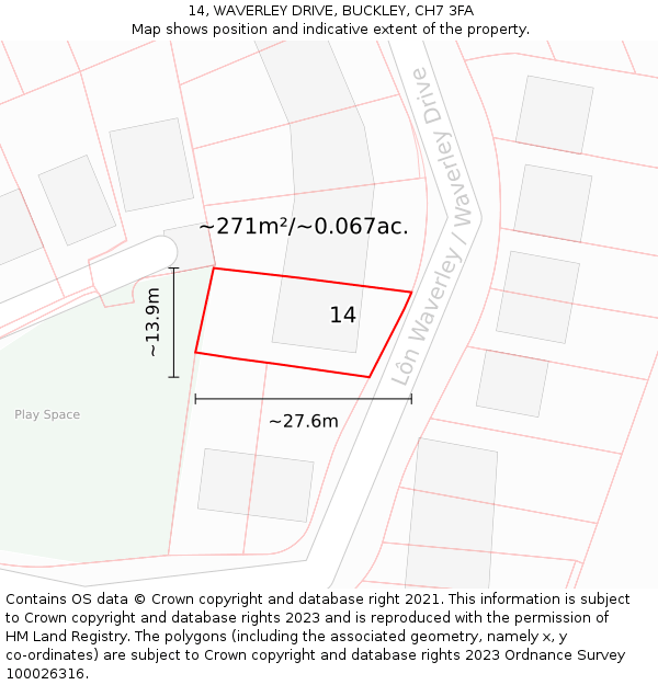 14, WAVERLEY DRIVE, BUCKLEY, CH7 3FA: Plot and title map