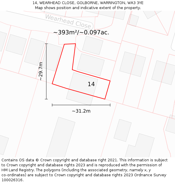 14, WEARHEAD CLOSE, GOLBORNE, WARRINGTON, WA3 3YE: Plot and title map