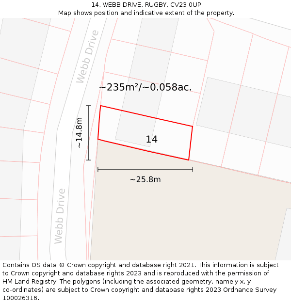 14, WEBB DRIVE, RUGBY, CV23 0UP: Plot and title map