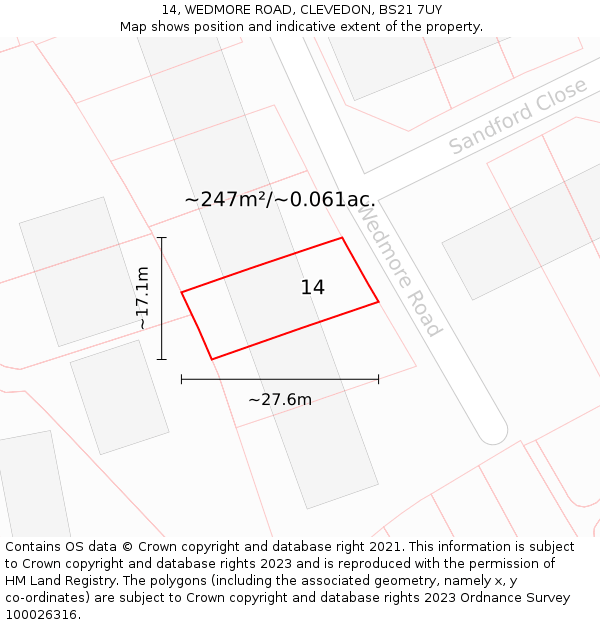 14, WEDMORE ROAD, CLEVEDON, BS21 7UY: Plot and title map