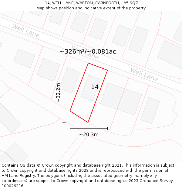 14, WELL LANE, WARTON, CARNFORTH, LA5 9QZ: Plot and title map