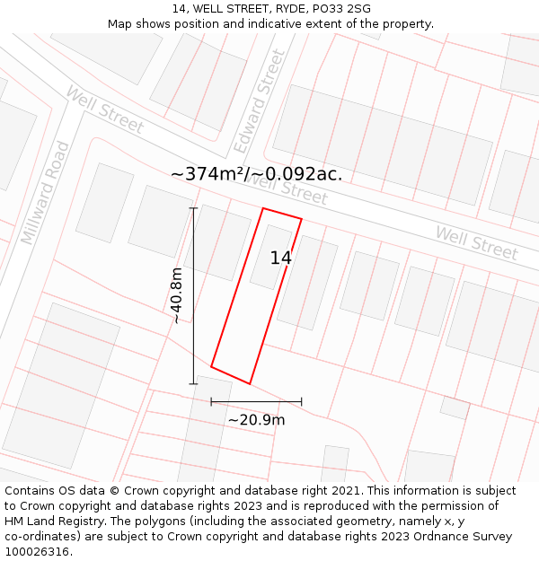 14, WELL STREET, RYDE, PO33 2SG: Plot and title map