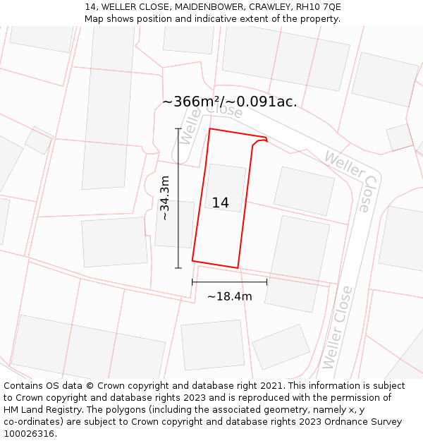 14, WELLER CLOSE, MAIDENBOWER, CRAWLEY, RH10 7QE: Plot and title map