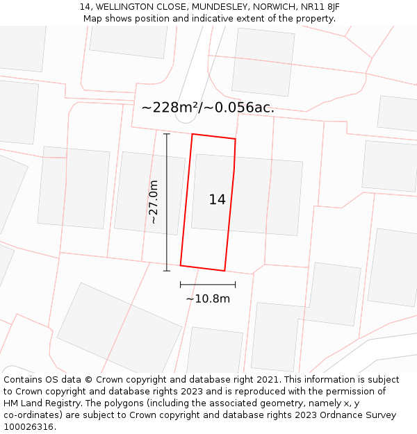 14, WELLINGTON CLOSE, MUNDESLEY, NORWICH, NR11 8JF: Plot and title map