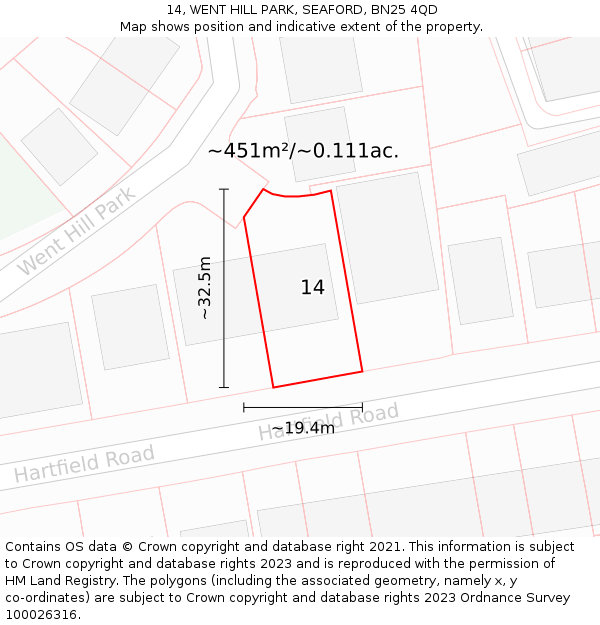 14, WENT HILL PARK, SEAFORD, BN25 4QD: Plot and title map