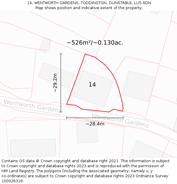 14, WENTWORTH GARDENS, TODDINGTON, DUNSTABLE, LU5 6DN: Plot and title map