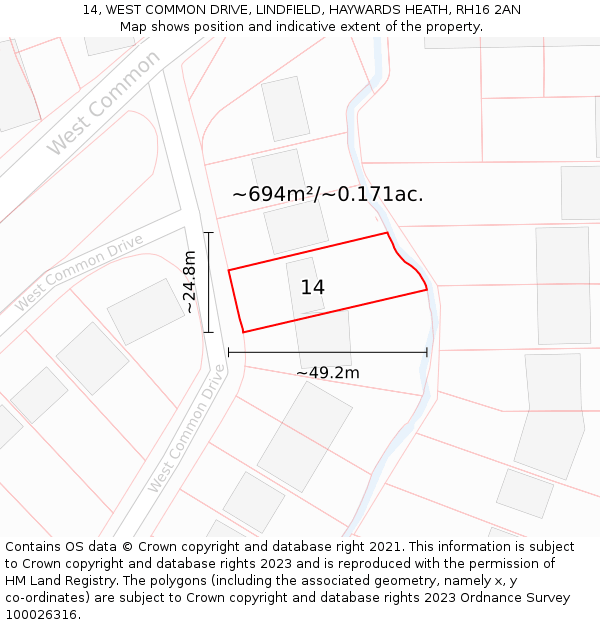 14, WEST COMMON DRIVE, LINDFIELD, HAYWARDS HEATH, RH16 2AN: Plot and title map