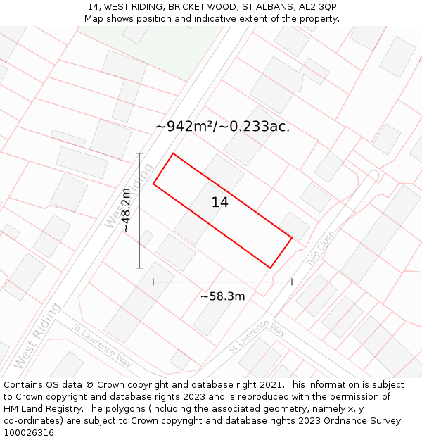 14, WEST RIDING, BRICKET WOOD, ST ALBANS, AL2 3QP: Plot and title map