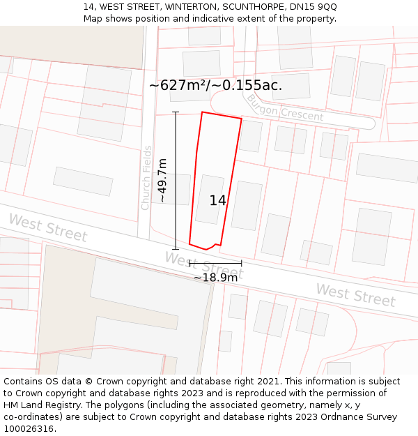 14, WEST STREET, WINTERTON, SCUNTHORPE, DN15 9QQ: Plot and title map