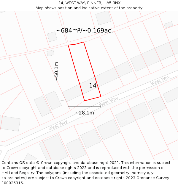 14, WEST WAY, PINNER, HA5 3NX: Plot and title map