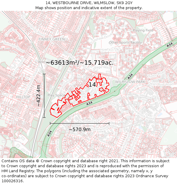 14, WESTBOURNE DRIVE, WILMSLOW, SK9 2GY: Plot and title map