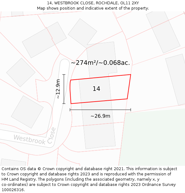 14, WESTBROOK CLOSE, ROCHDALE, OL11 2XY: Plot and title map