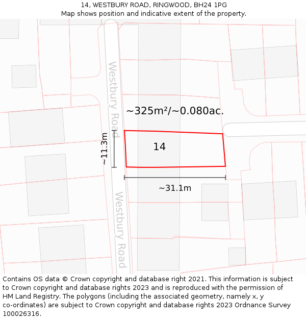 14, WESTBURY ROAD, RINGWOOD, BH24 1PG: Plot and title map