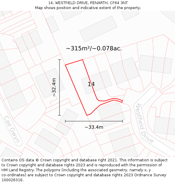 14, WESTFIELD DRIVE, PENARTH, CF64 3NT: Plot and title map