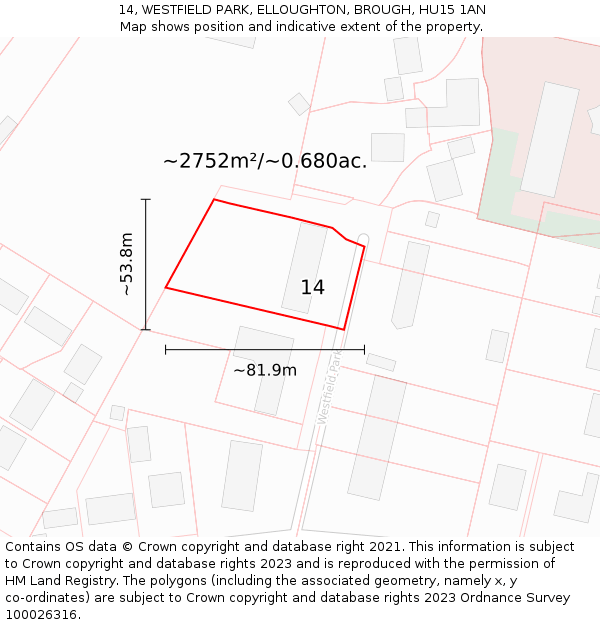 14, WESTFIELD PARK, ELLOUGHTON, BROUGH, HU15 1AN: Plot and title map