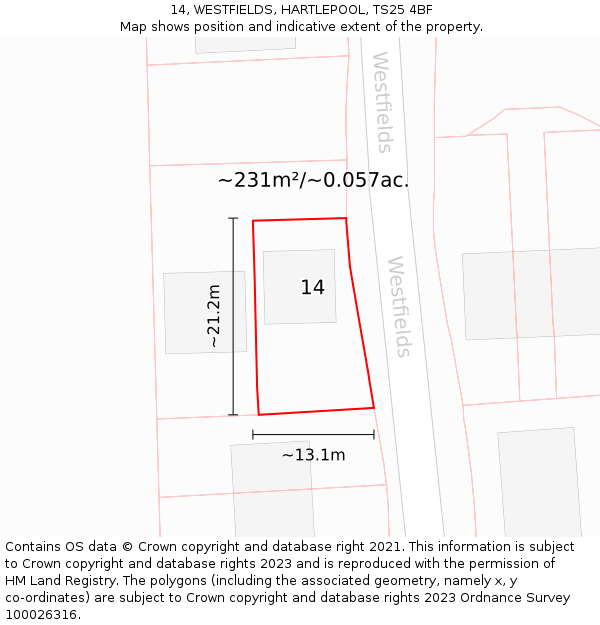 14, WESTFIELDS, HARTLEPOOL, TS25 4BF: Plot and title map