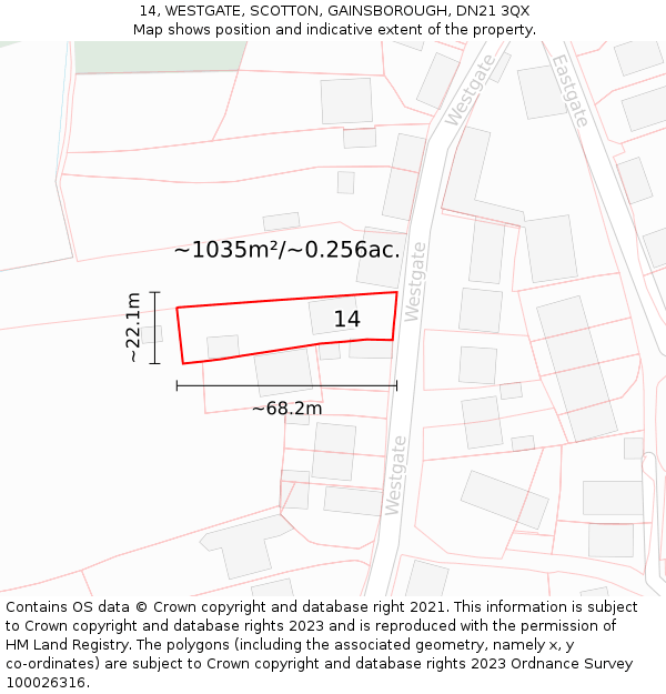 14, WESTGATE, SCOTTON, GAINSBOROUGH, DN21 3QX: Plot and title map