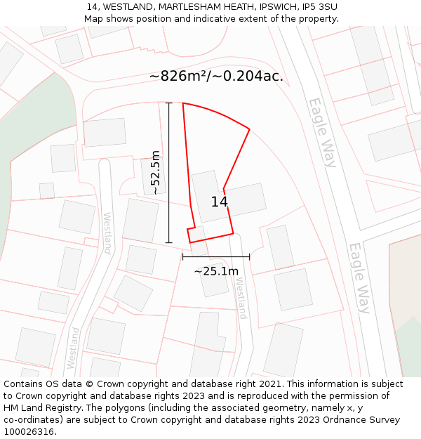 14, WESTLAND, MARTLESHAM HEATH, IPSWICH, IP5 3SU: Plot and title map