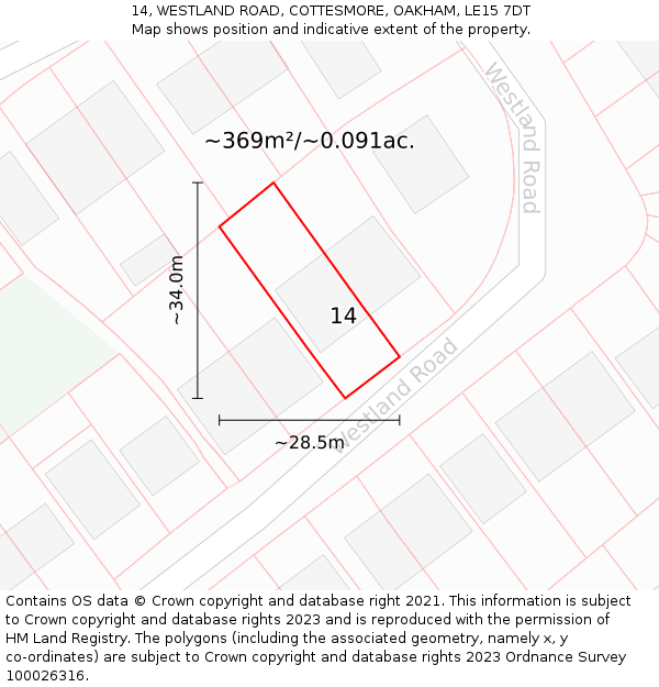 14, WESTLAND ROAD, COTTESMORE, OAKHAM, LE15 7DT: Plot and title map