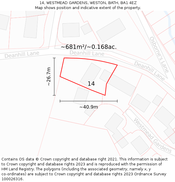 14, WESTMEAD GARDENS, WESTON, BATH, BA1 4EZ: Plot and title map