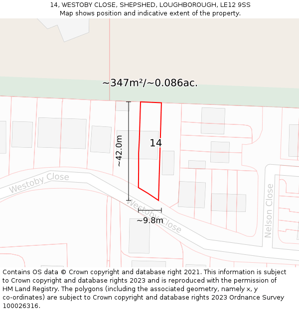 14, WESTOBY CLOSE, SHEPSHED, LOUGHBOROUGH, LE12 9SS: Plot and title map