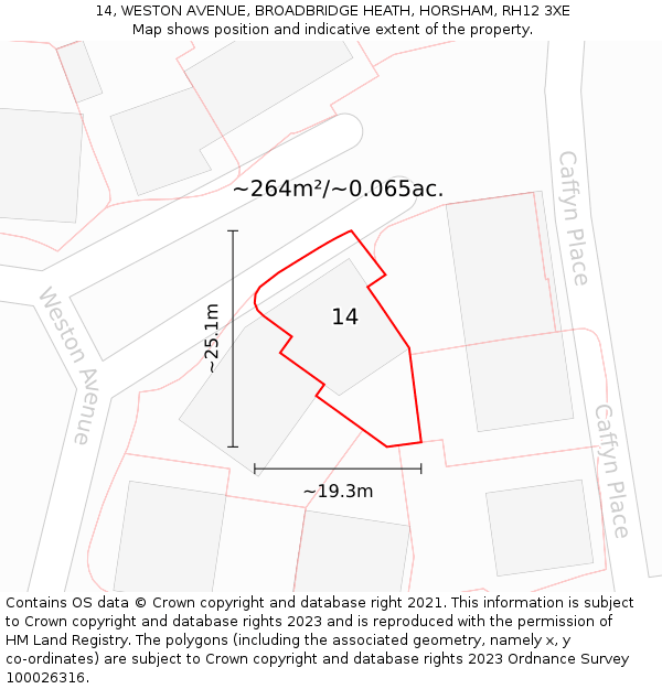 14, WESTON AVENUE, BROADBRIDGE HEATH, HORSHAM, RH12 3XE: Plot and title map