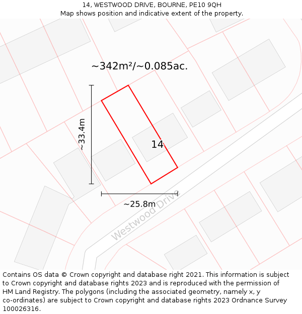 14, WESTWOOD DRIVE, BOURNE, PE10 9QH: Plot and title map