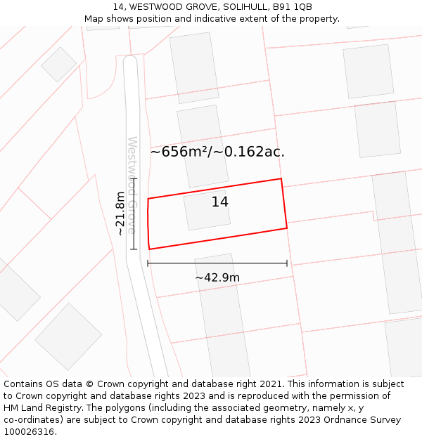 14, WESTWOOD GROVE, SOLIHULL, B91 1QB: Plot and title map