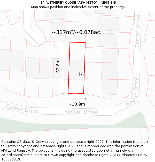 14, WETHERBY CLOSE, ASHINGTON, NE63 8NJ: Plot and title map