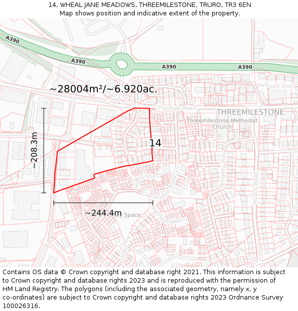 14, WHEAL JANE MEADOWS, THREEMILESTONE, TRURO, TR3 6EN: Plot and title map