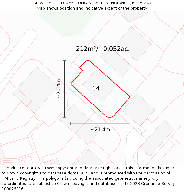 14, WHEATFIELD WAY, LONG STRATTON, NORWICH, NR15 2WG: Plot and title map