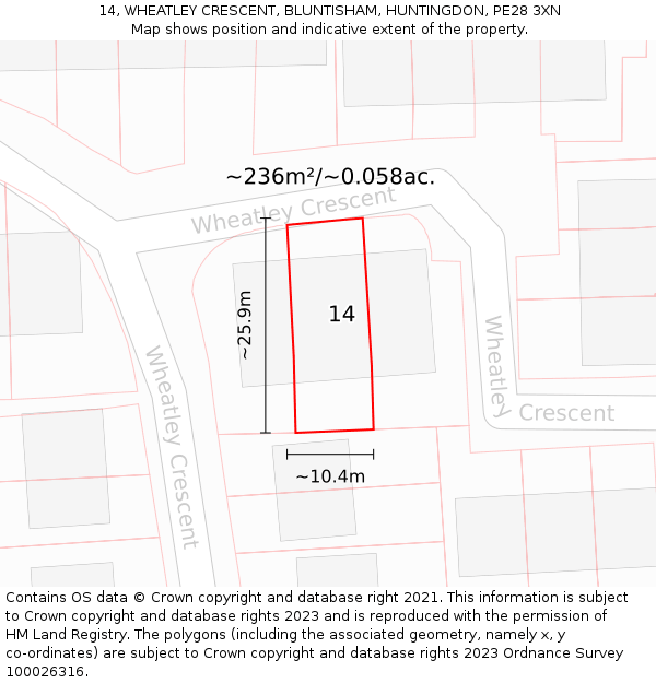 14, WHEATLEY CRESCENT, BLUNTISHAM, HUNTINGDON, PE28 3XN: Plot and title map