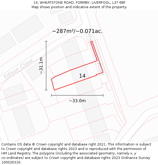 14, WHEATSTONE ROAD, FORMBY, LIVERPOOL, L37 6BF: Plot and title map