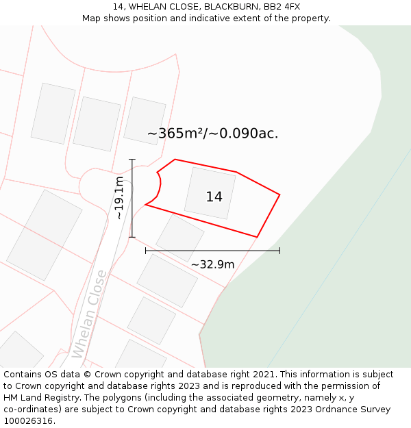 14, WHELAN CLOSE, BLACKBURN, BB2 4FX: Plot and title map