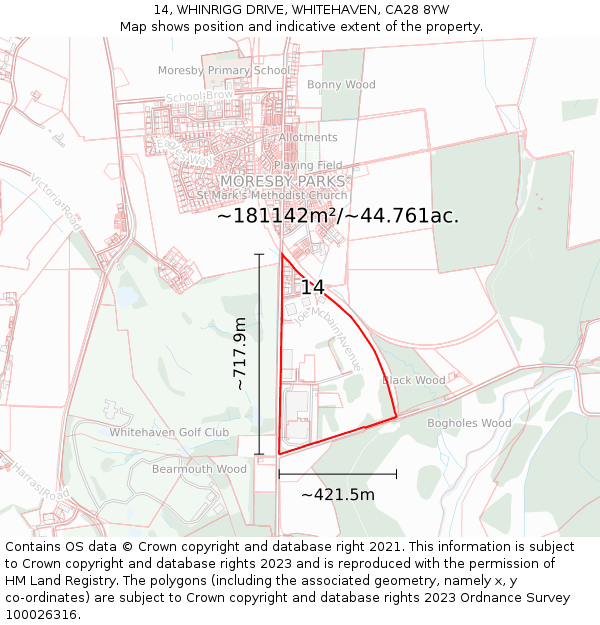 14, WHINRIGG DRIVE, WHITEHAVEN, CA28 8YW: Plot and title map